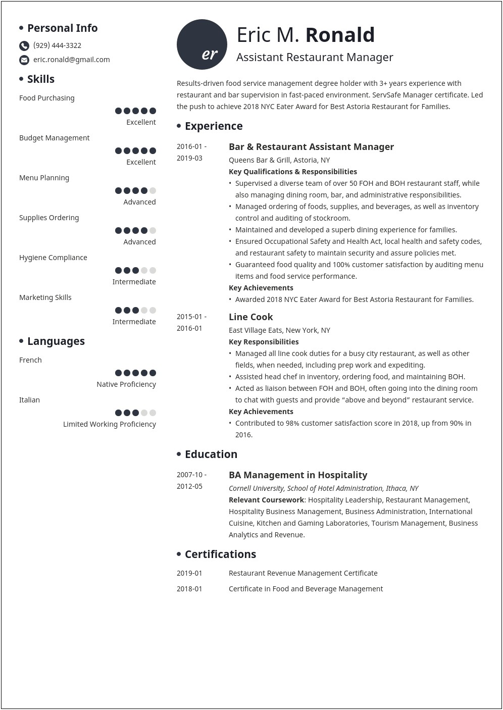 Restaraunt Manager Description For Resume