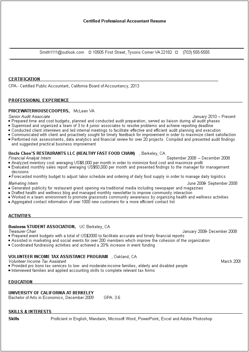 Restaurant Accountant Job Description Resume