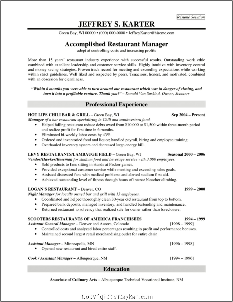 Restaurant Assistant Manager Duties For Resume