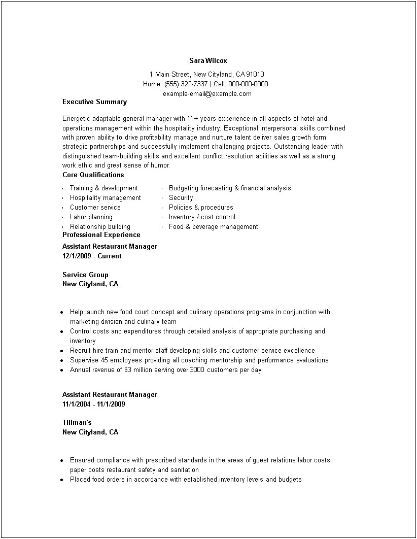 Restaurant Assistant Manager Experience Resume
