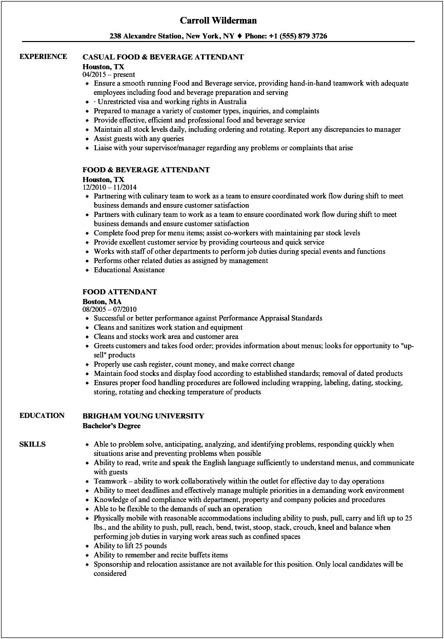 Restaurant Attendant Job Description Resume