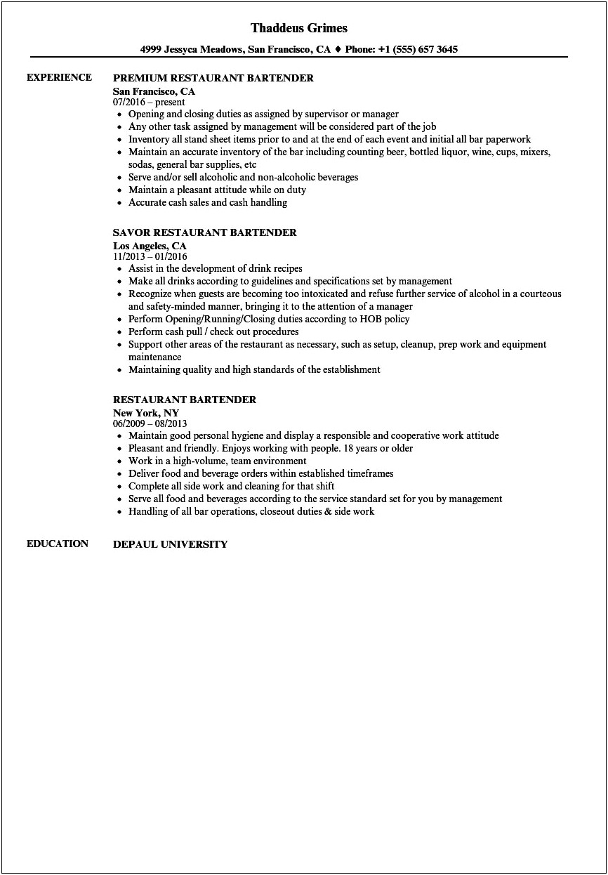 Restaurant Bartender Job Description For Resume