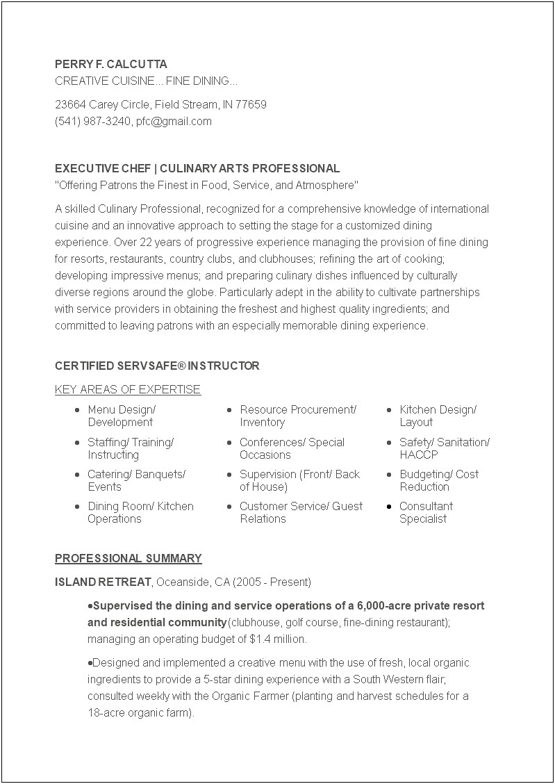 Restaurant Cook Experience Resume Example