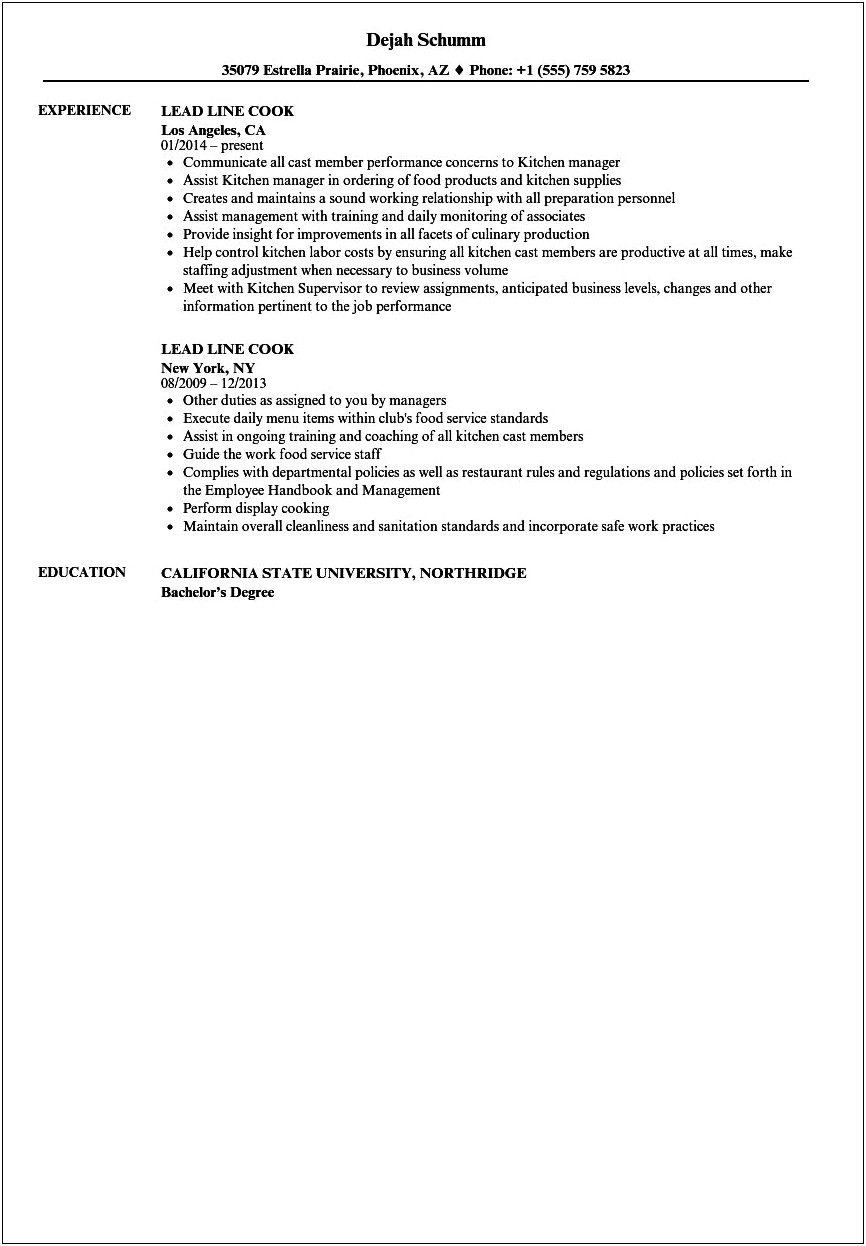 Restaurant Cook Job Description For Resume