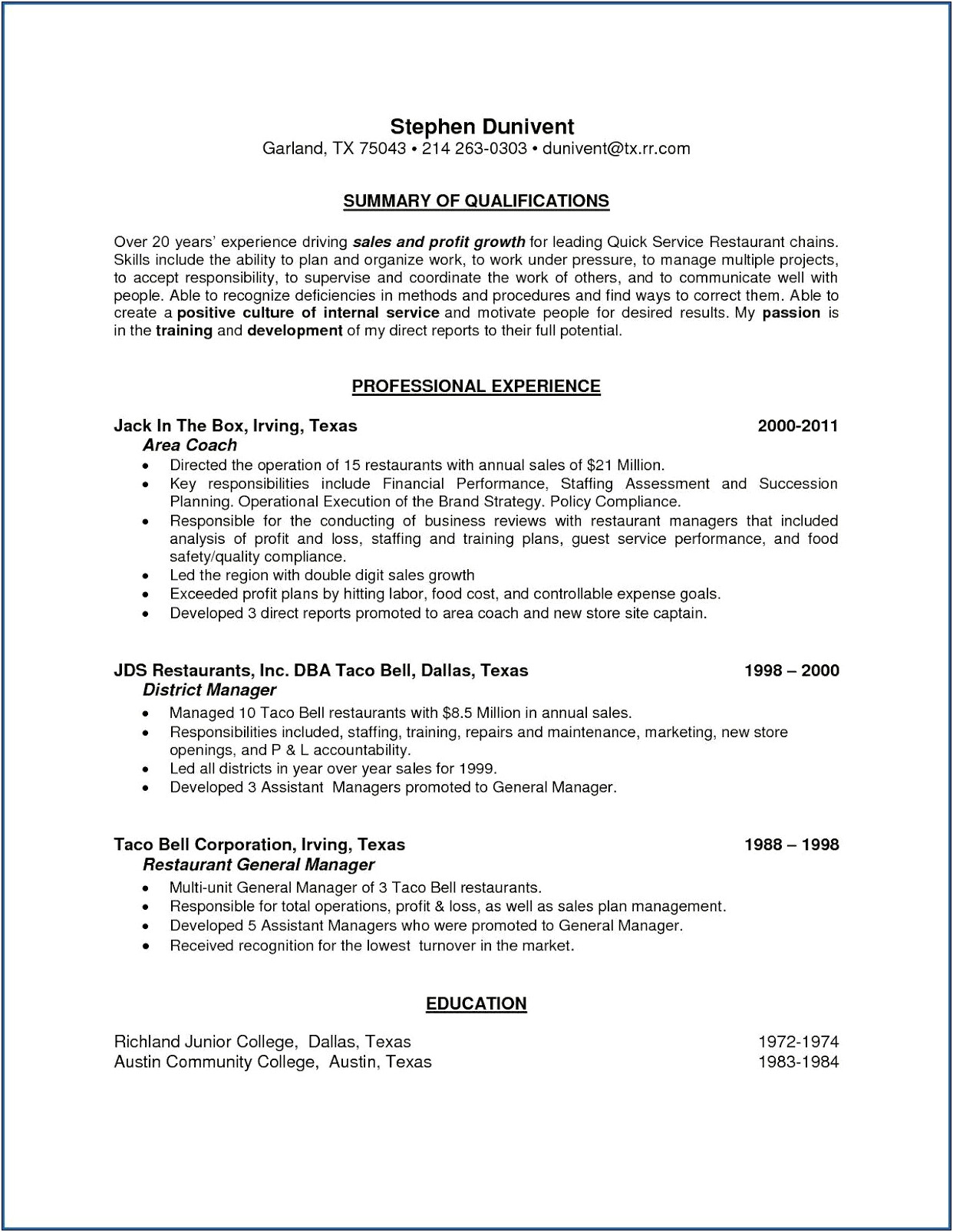Restaurant District Manager Resume Examples
