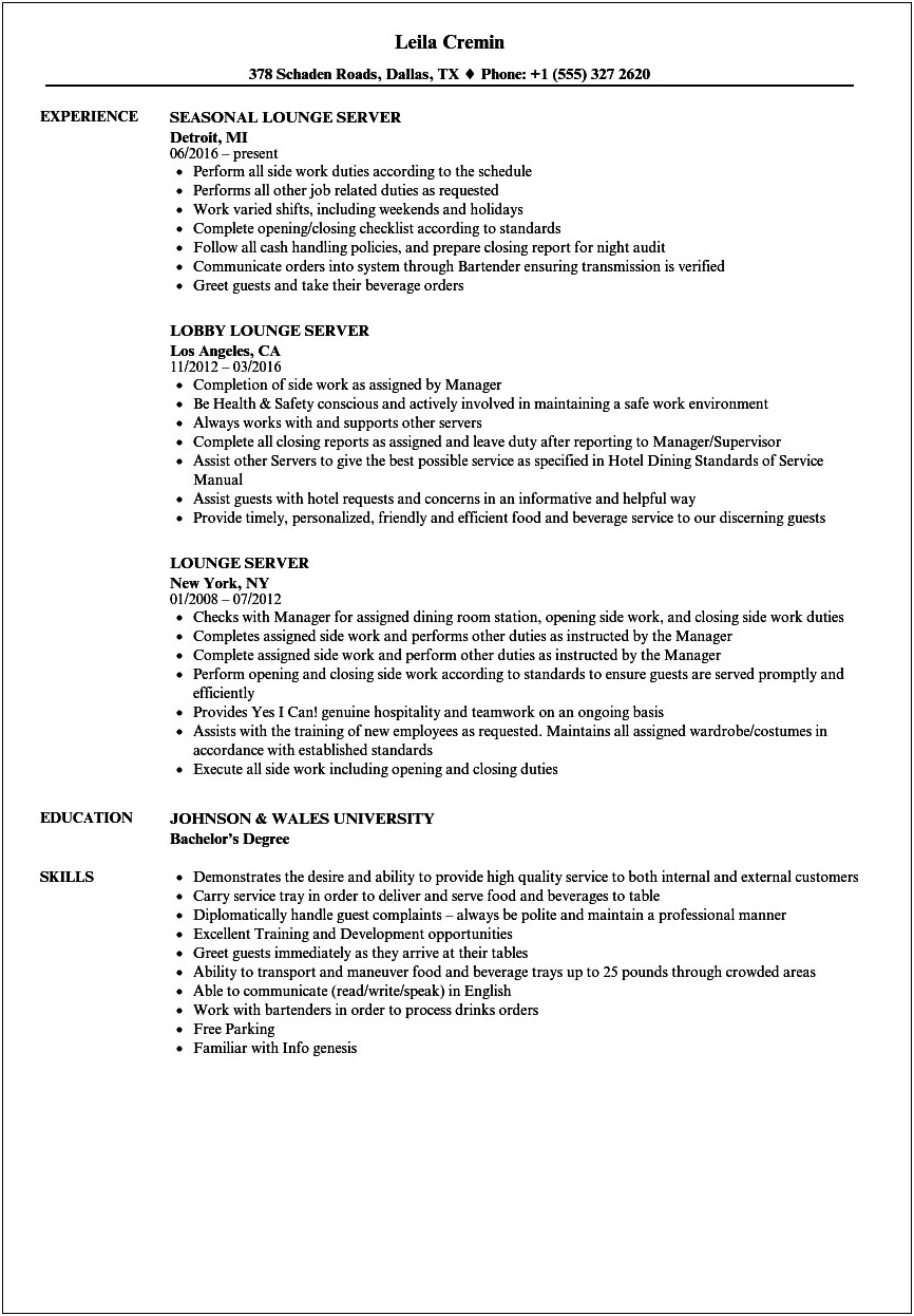 Restaurant Line Server Job Description For Resume