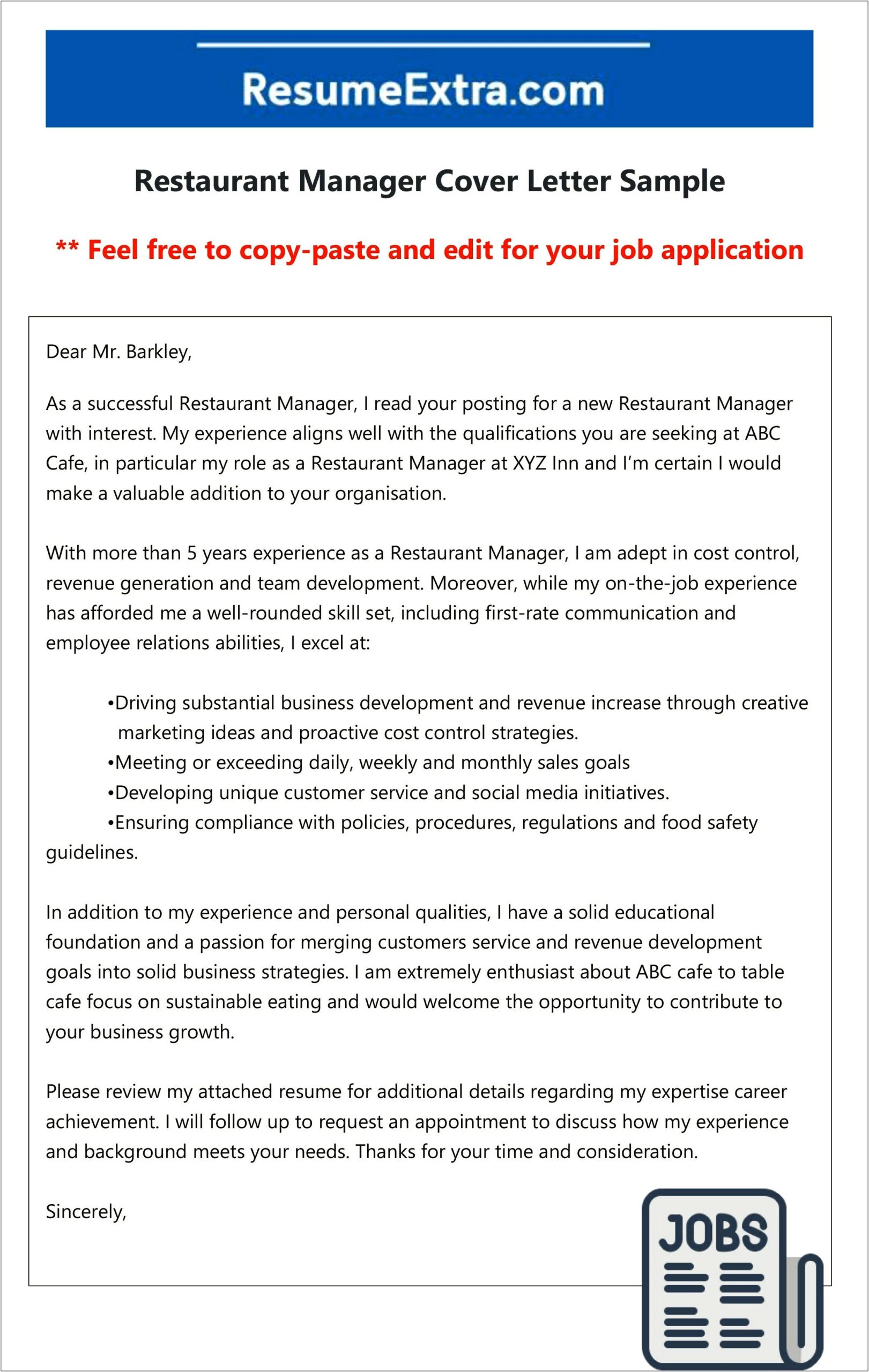 Restaurant Management Resume Cover Letter Free