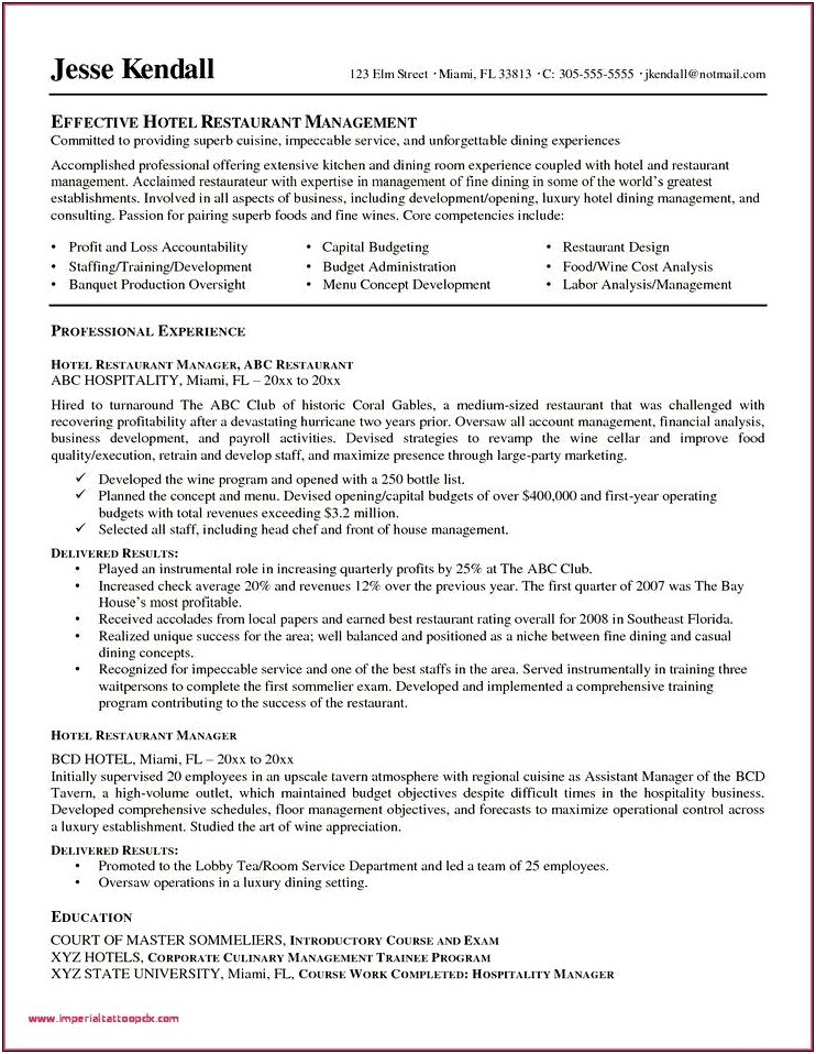 Restaurant Manager Cost Analysis Resume