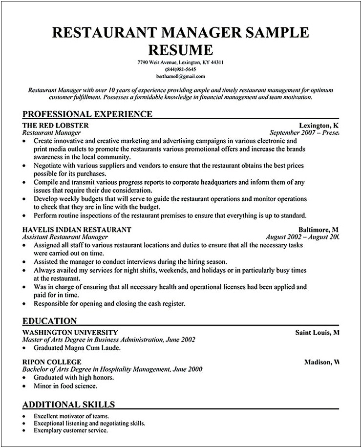 Restaurant Manager Experience On Resume