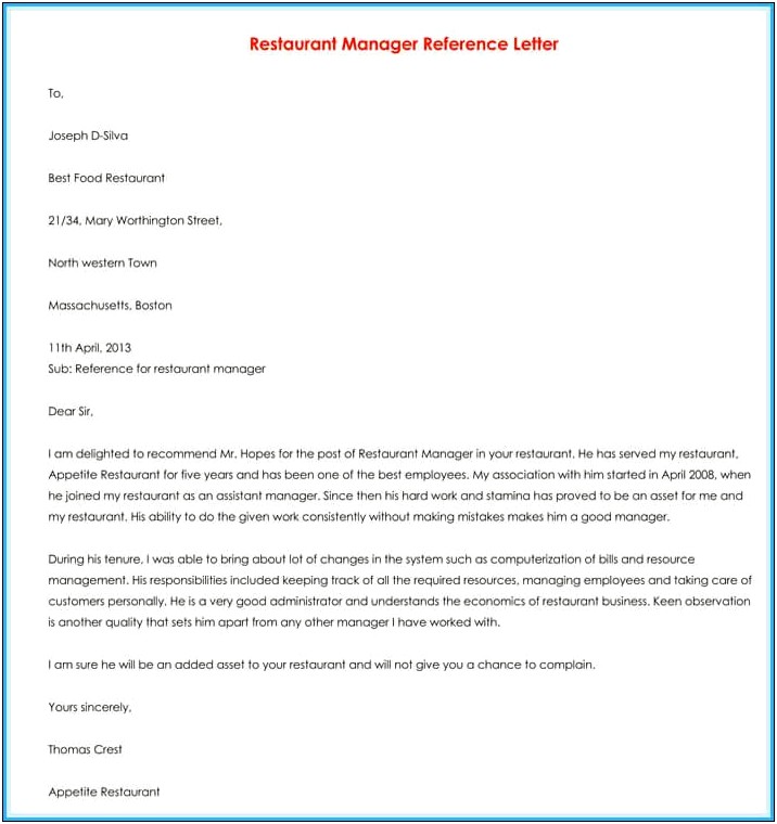 Restaurant Manager Reference Letter Resume