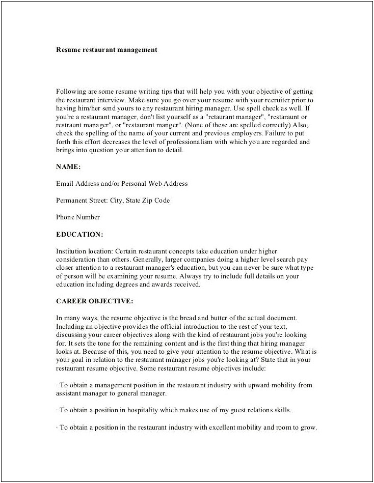 Restaurant Manager Resume Objective Examples
