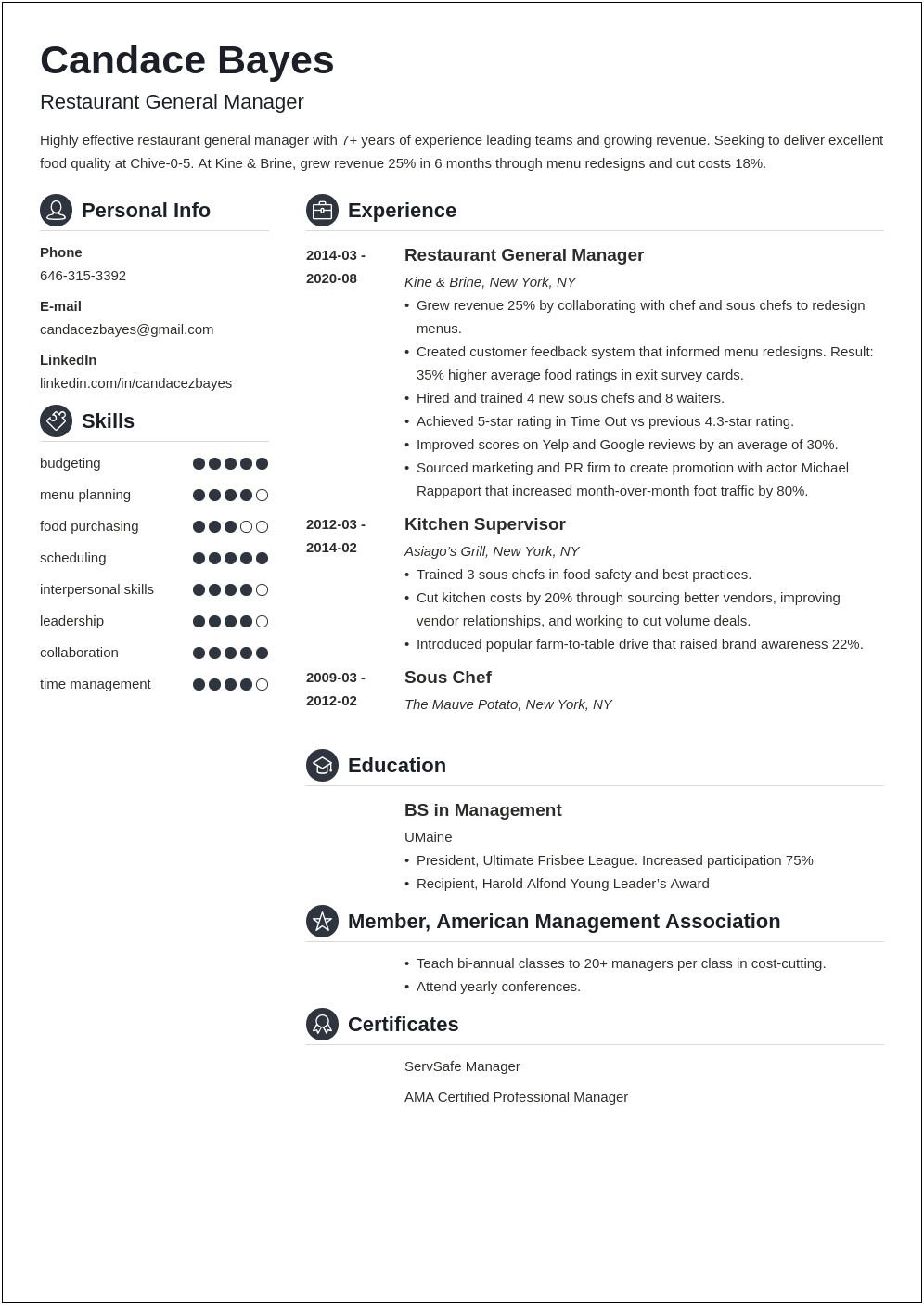 Restaurant Owner And Manager Resume