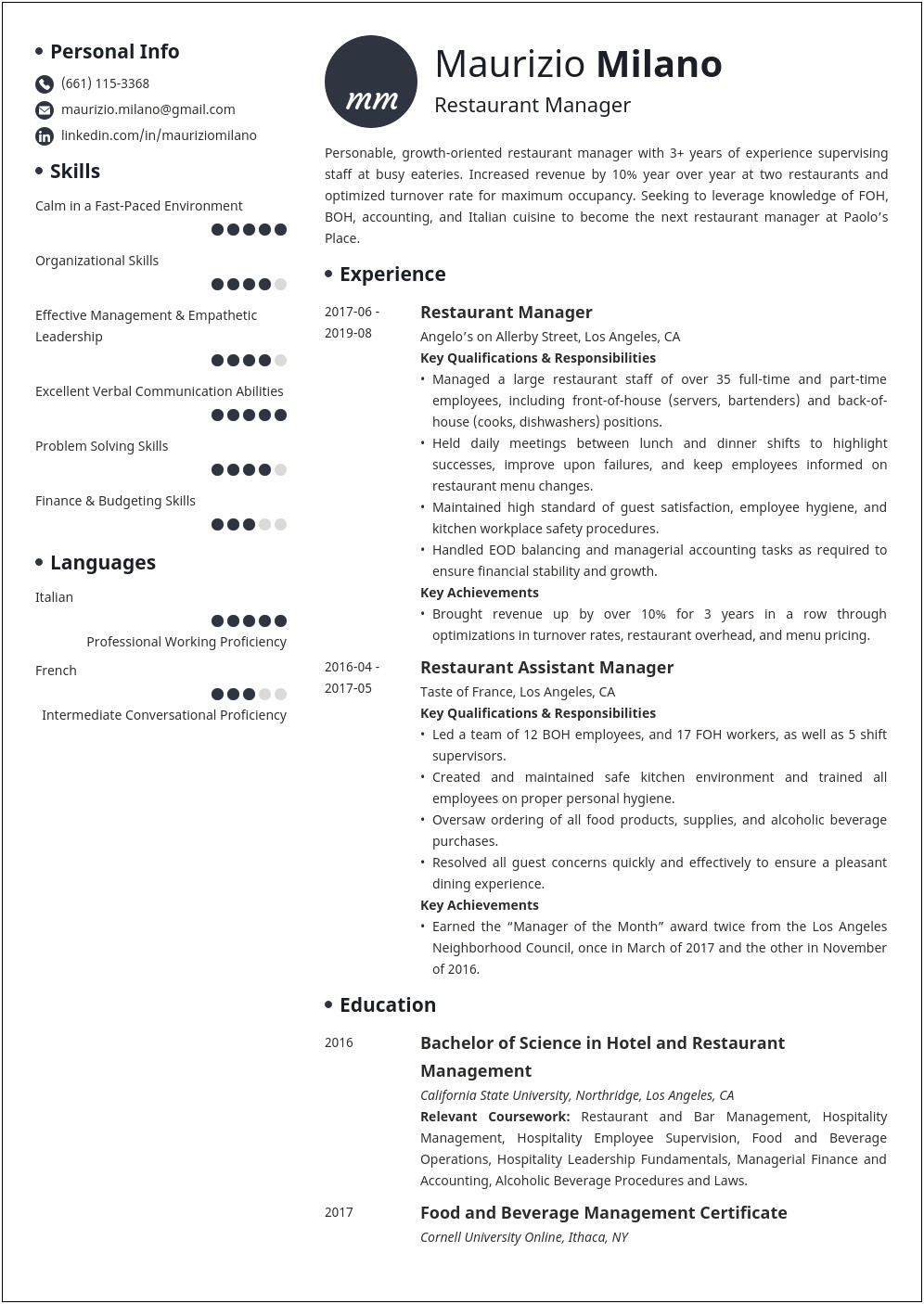 Restaurant Owner Becomes Food Quality Manager Position Resume