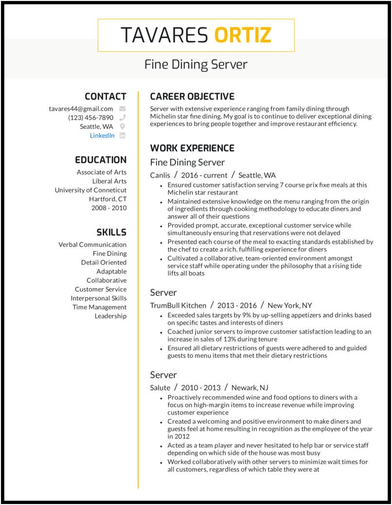 Restaurant Resume Objective Statement Examples