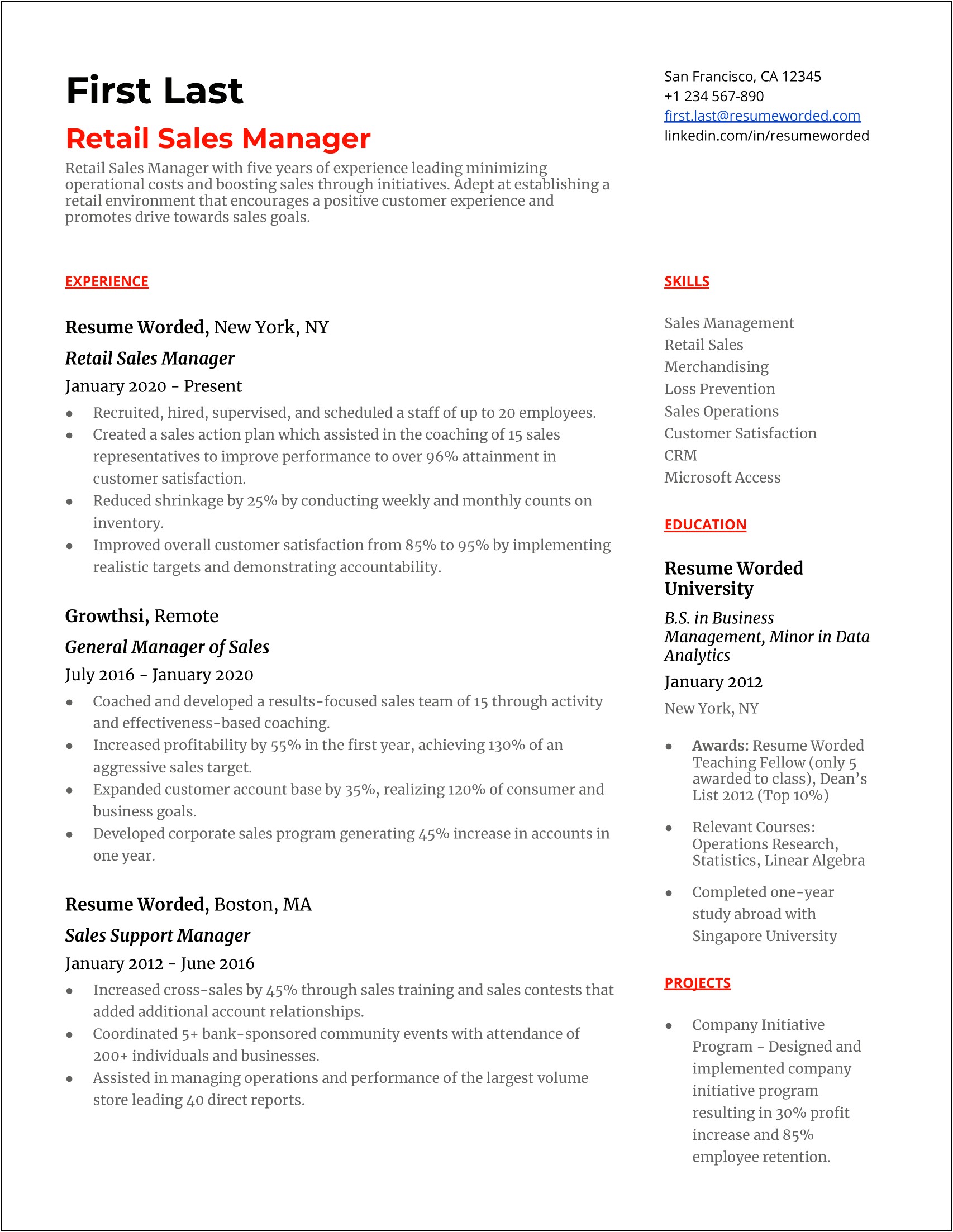 Resume 5 Years Experience Retail Store Experience