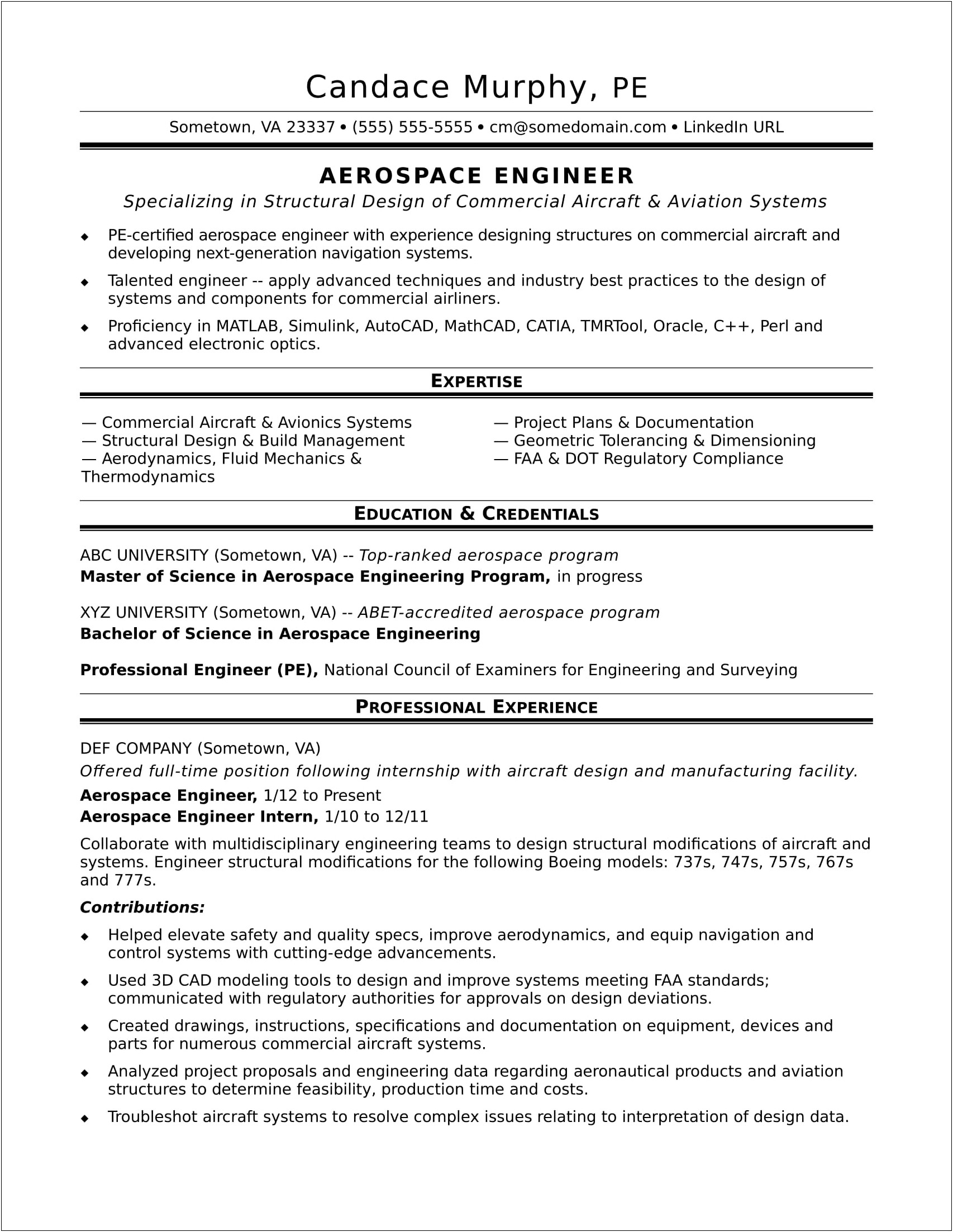 Resume Aerospace Engineering Additional Skills