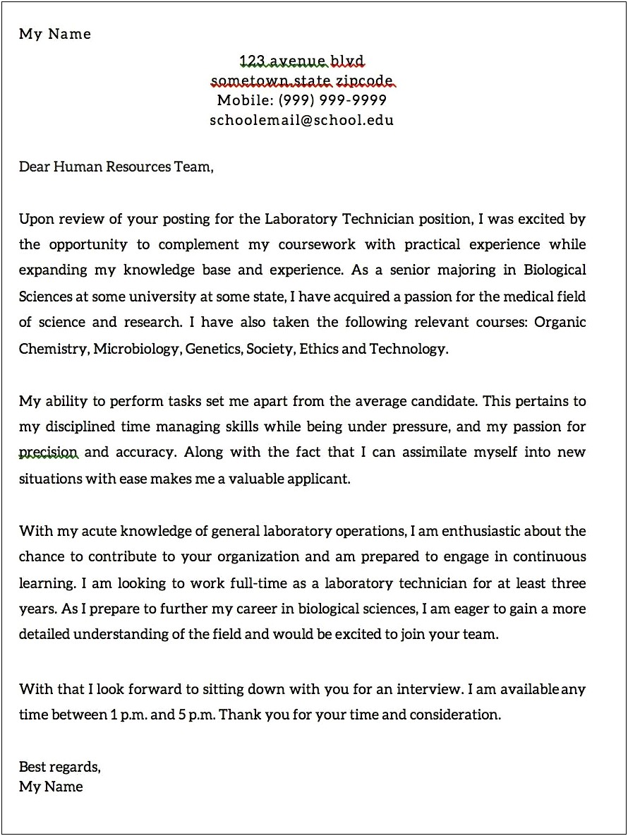 Resume And Cover Letter For Laboratory