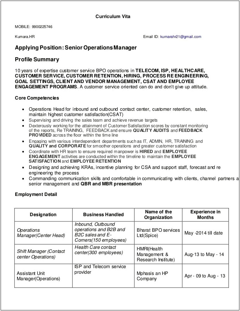 Resume Assistant Manager Operations Bpo