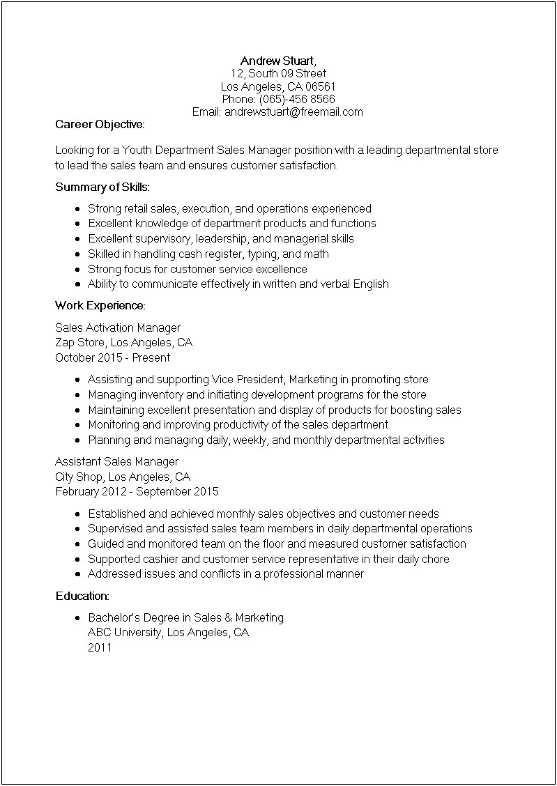 Resume Assistant Store Manager Retail