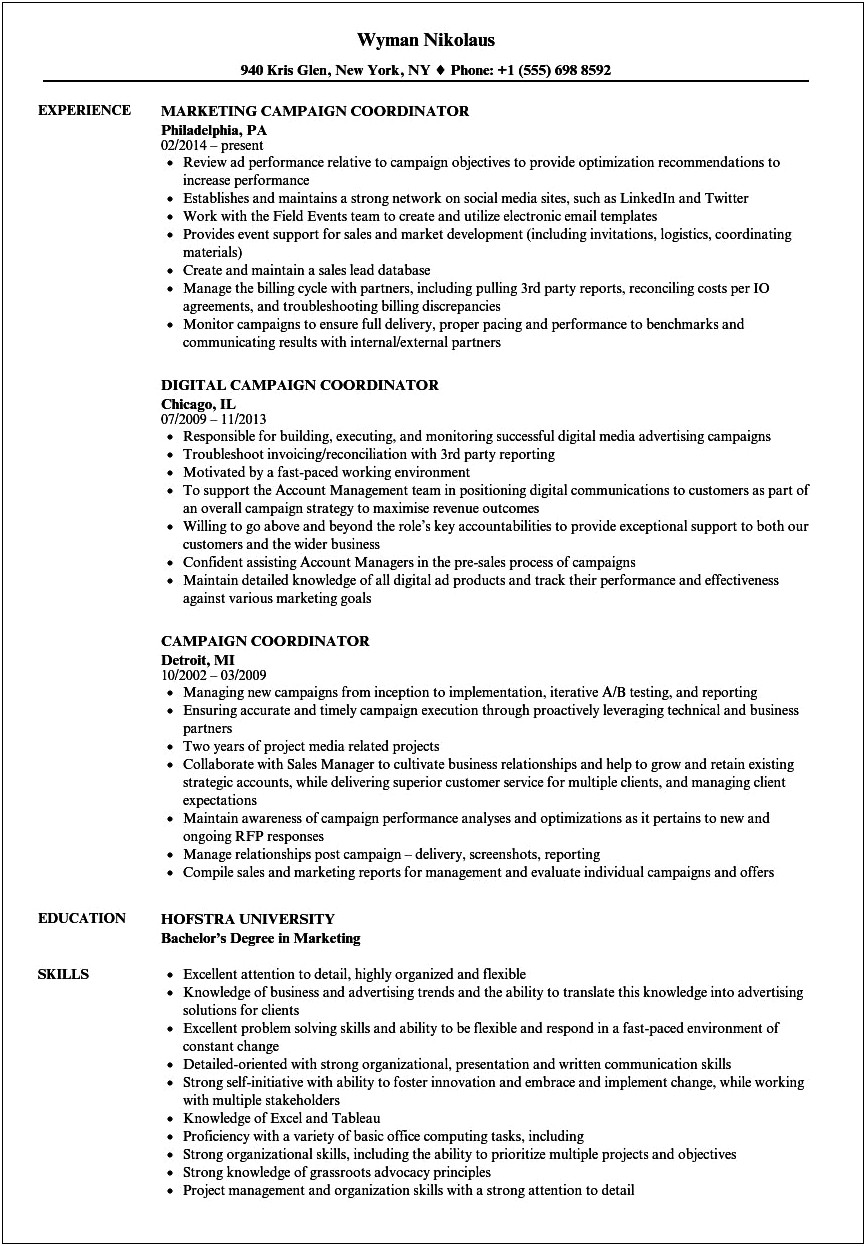 Resume Bank Democratic Campaign Manager