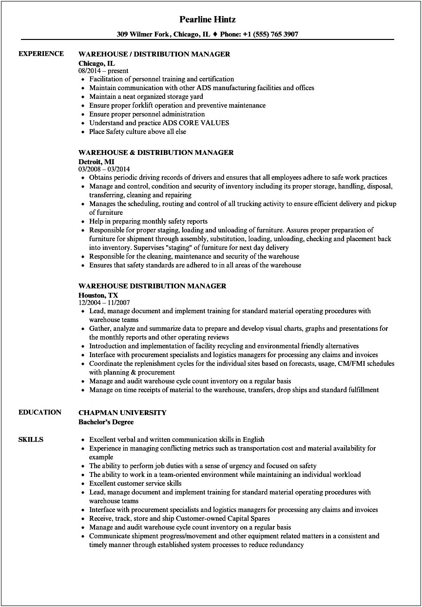 Resume Blurb For Warehouse Manager