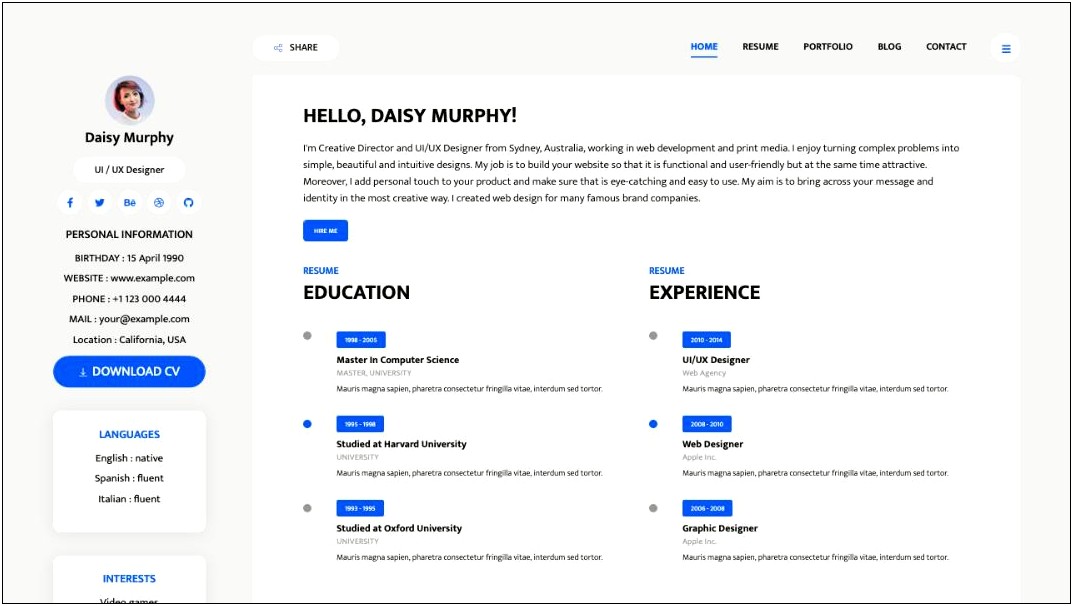 Resume Bootstrap Template Free Download