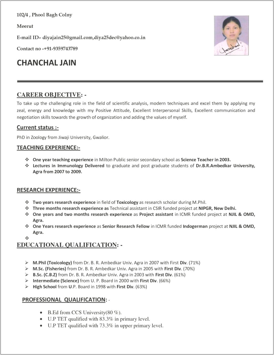 Resume Career Objective For Applied Physical Science