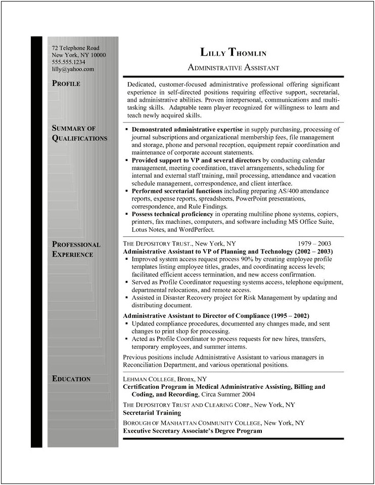 Resume Career Summary Examples Administrative