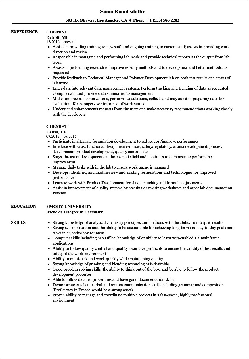 Resume Chemistry Less Than A Year Experience