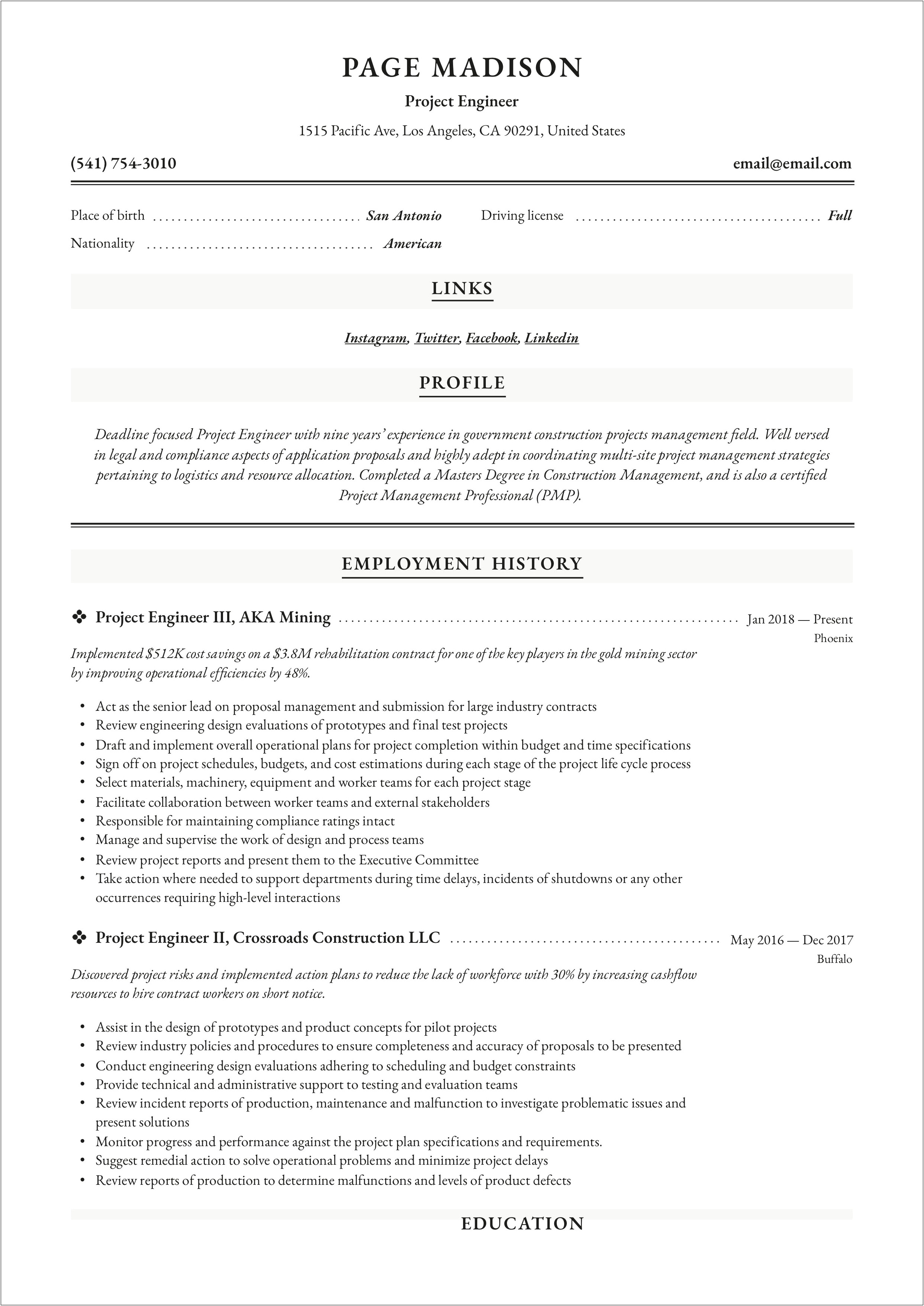 Resume Civil Engineering Proposal Example