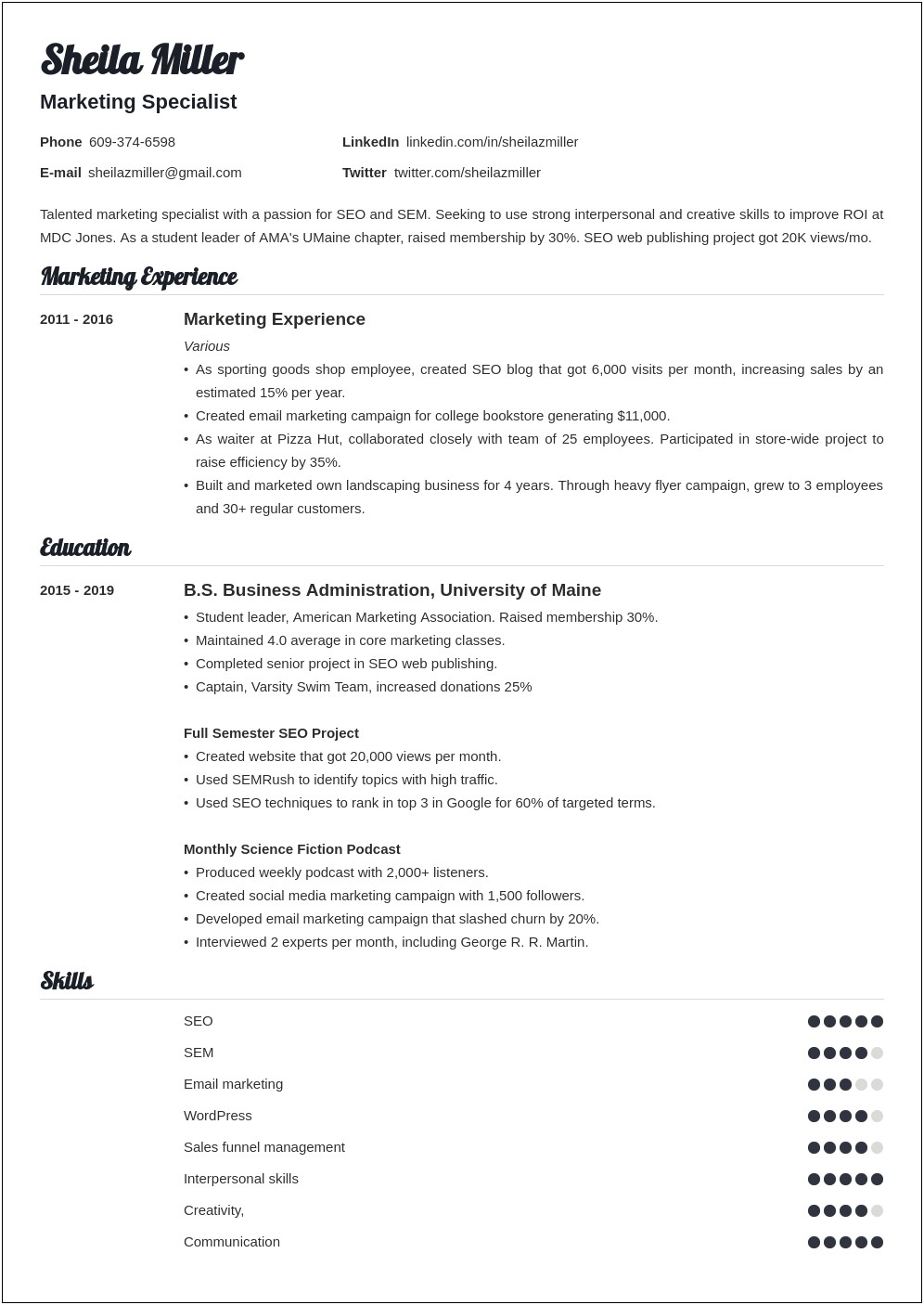 Resume College Experience Of A Skill