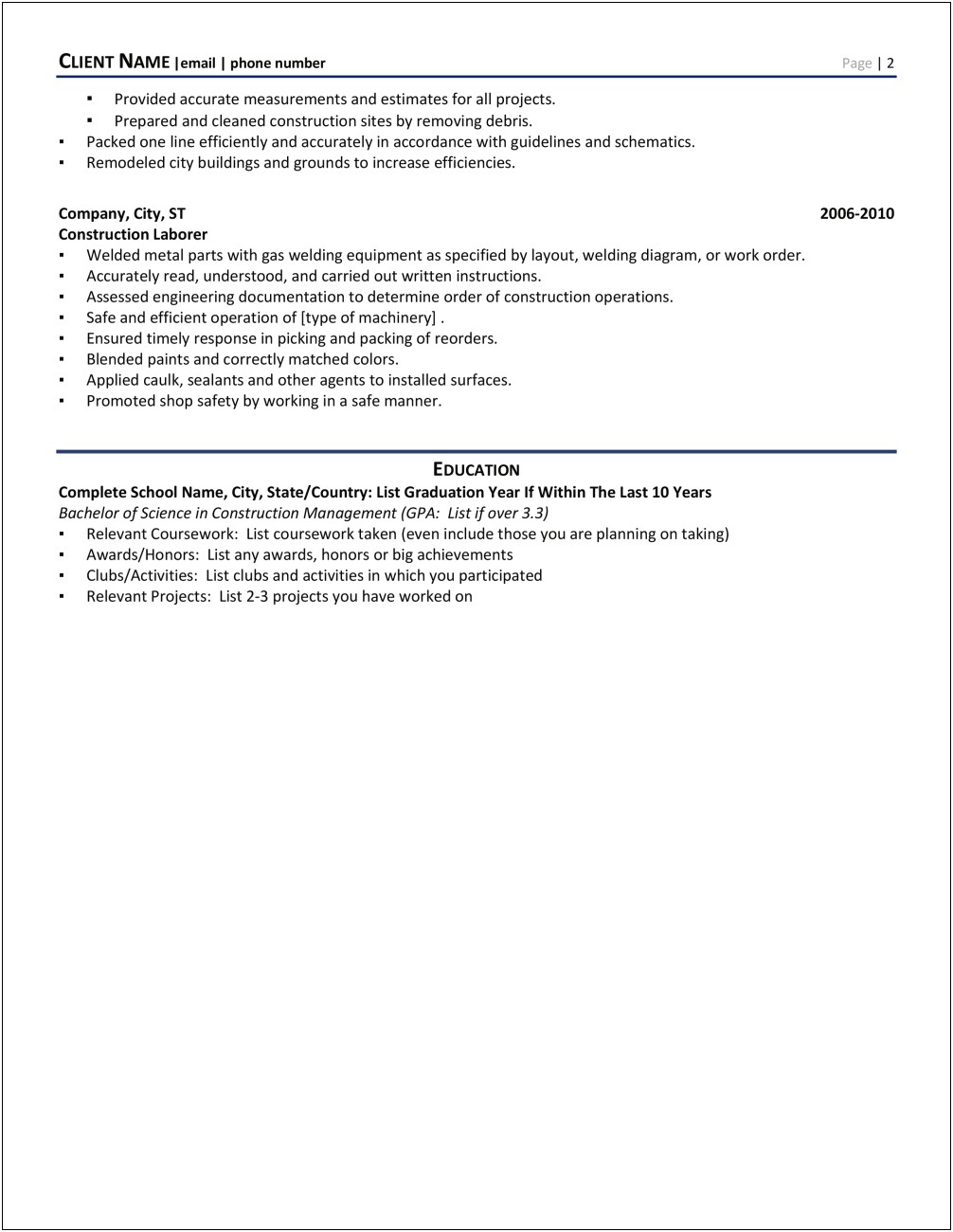 Resume Construction Project Manager Sample