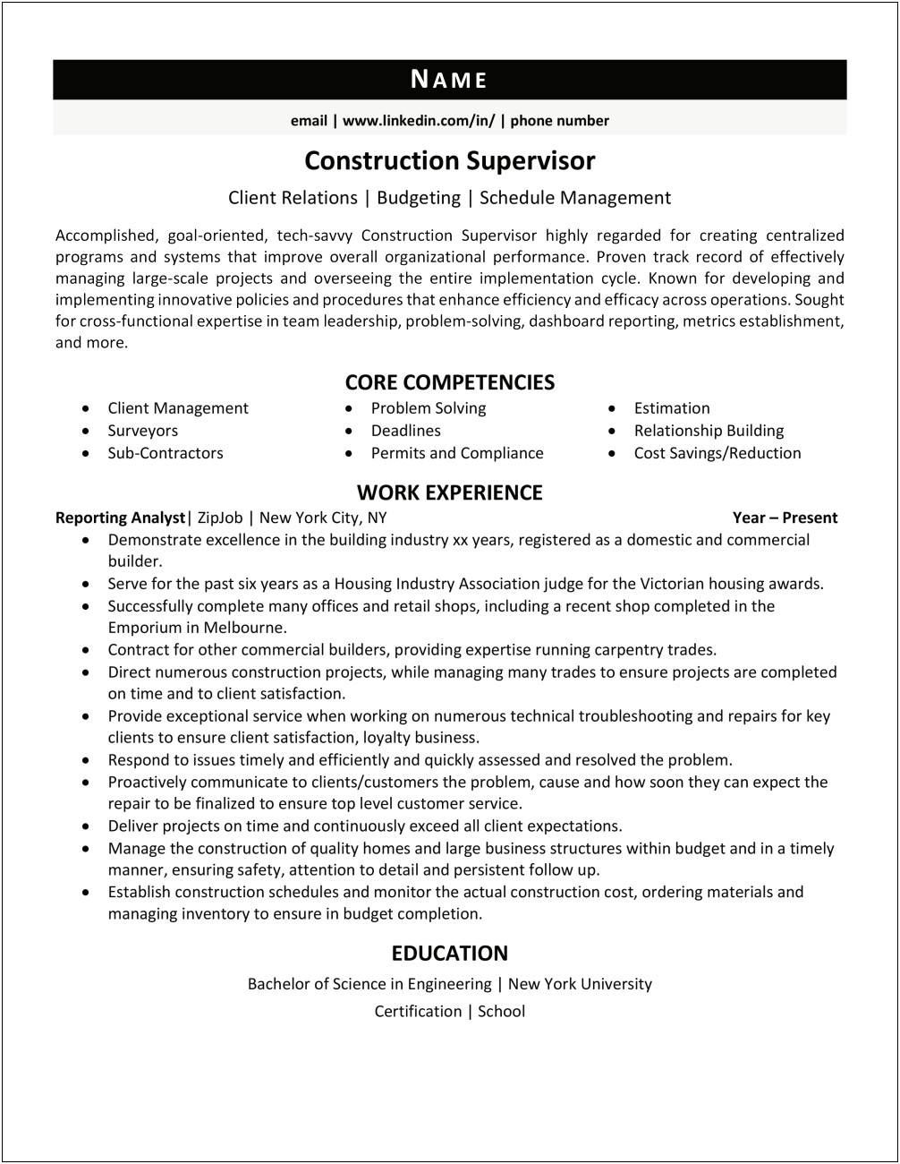 Resume Construction Supervisor Job Description