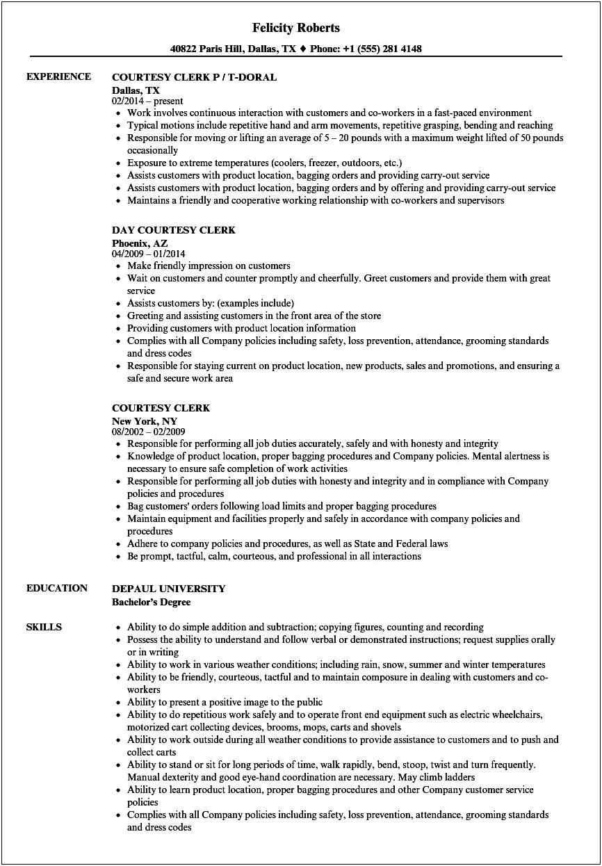 Resume Courtesy Clerk Grocery Store Job Description