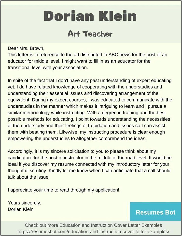 Resume Cover Letter Art Teacher Examples