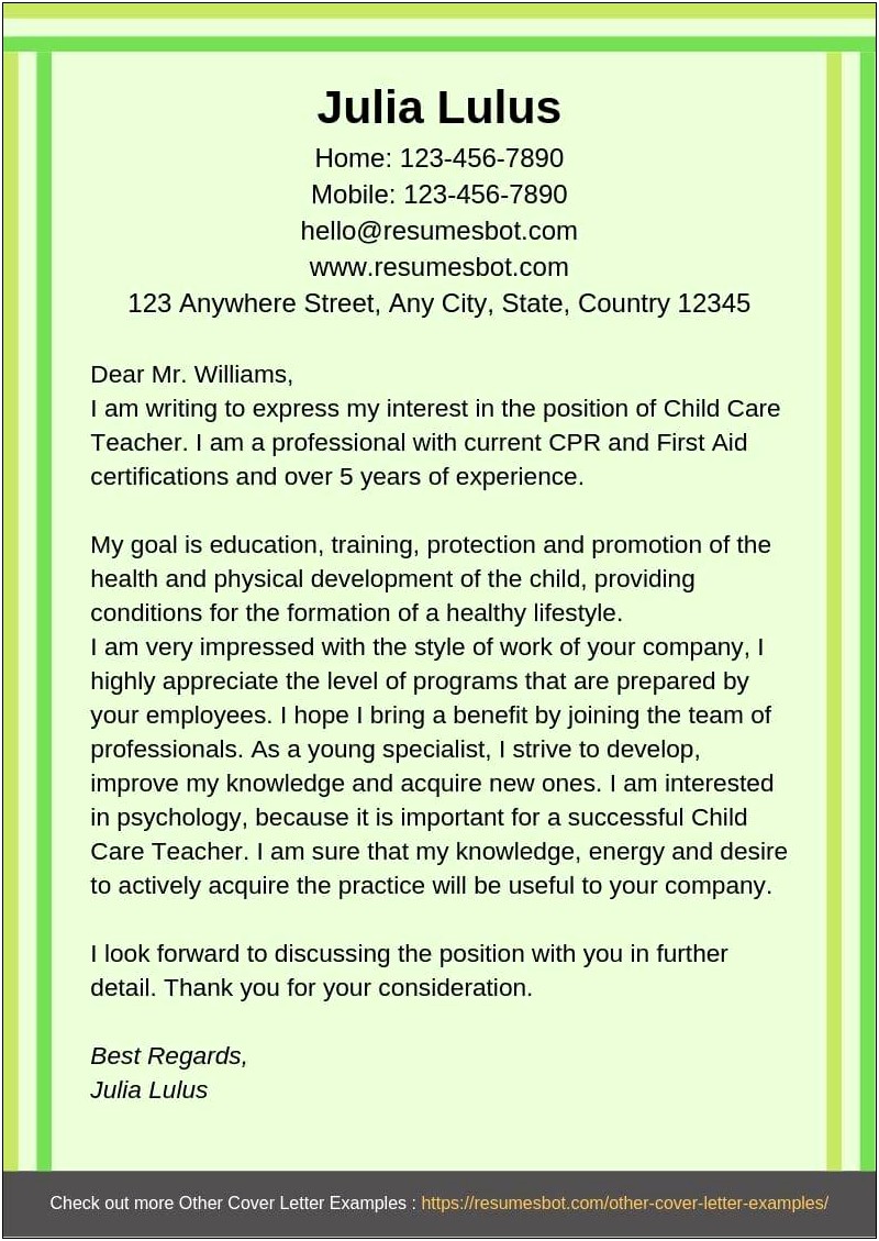 Resume Cover Letter Daycare Example