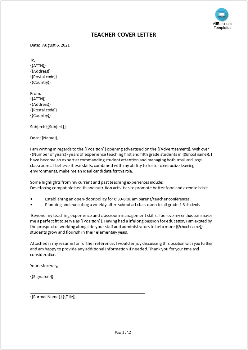 Resume Cover Letter Example Art Teacher