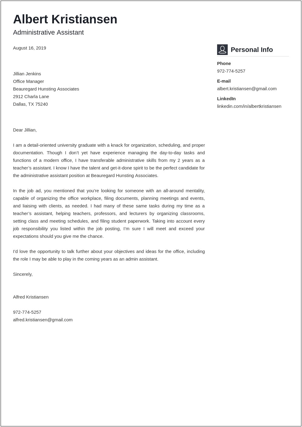 Resume Cover Letter Example Clerical Job