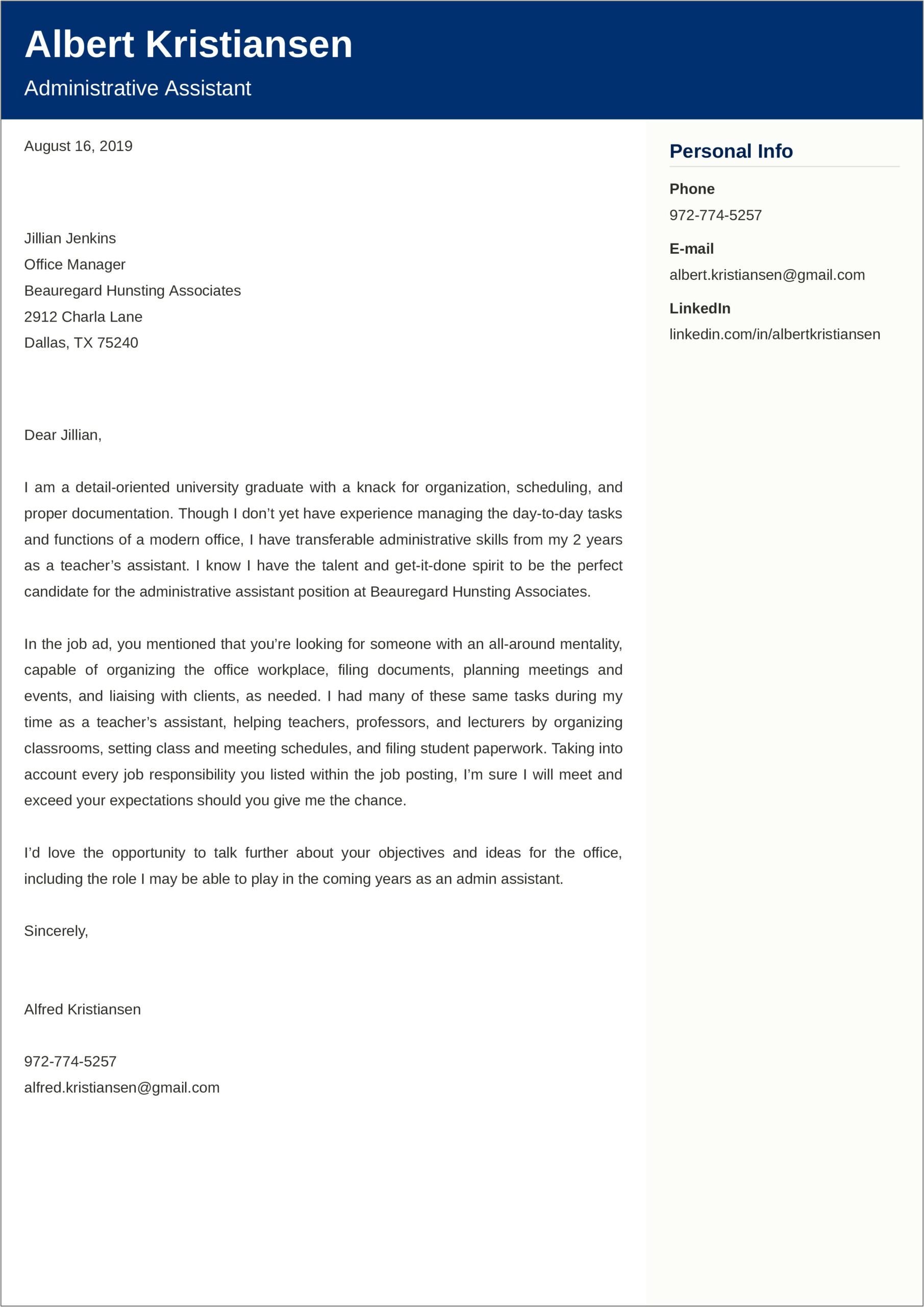 Resume Cover Letter Example For Administrative Assistant