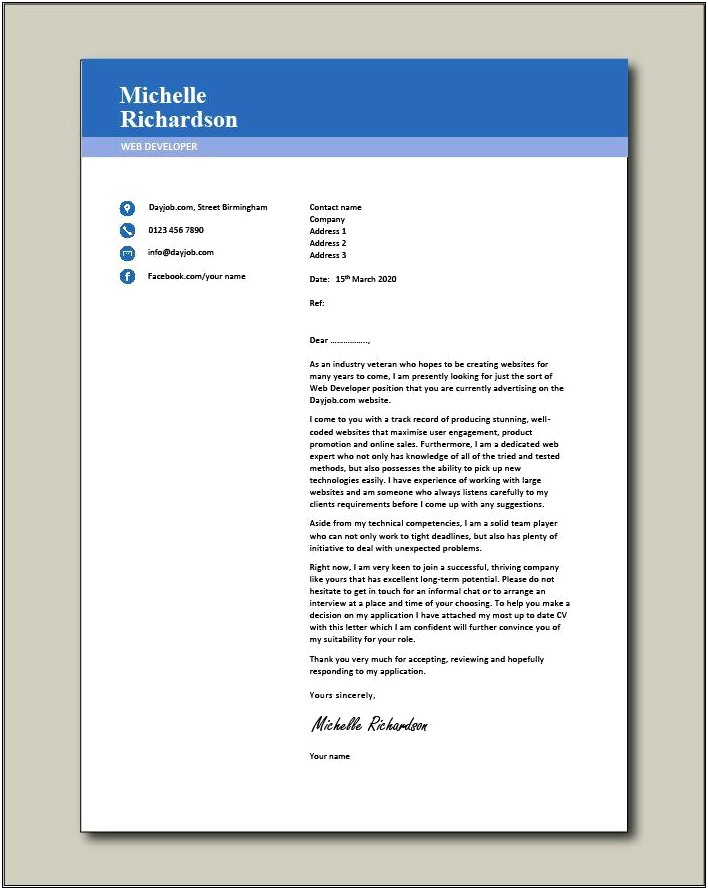 Resume Cover Letter Example Web Developer