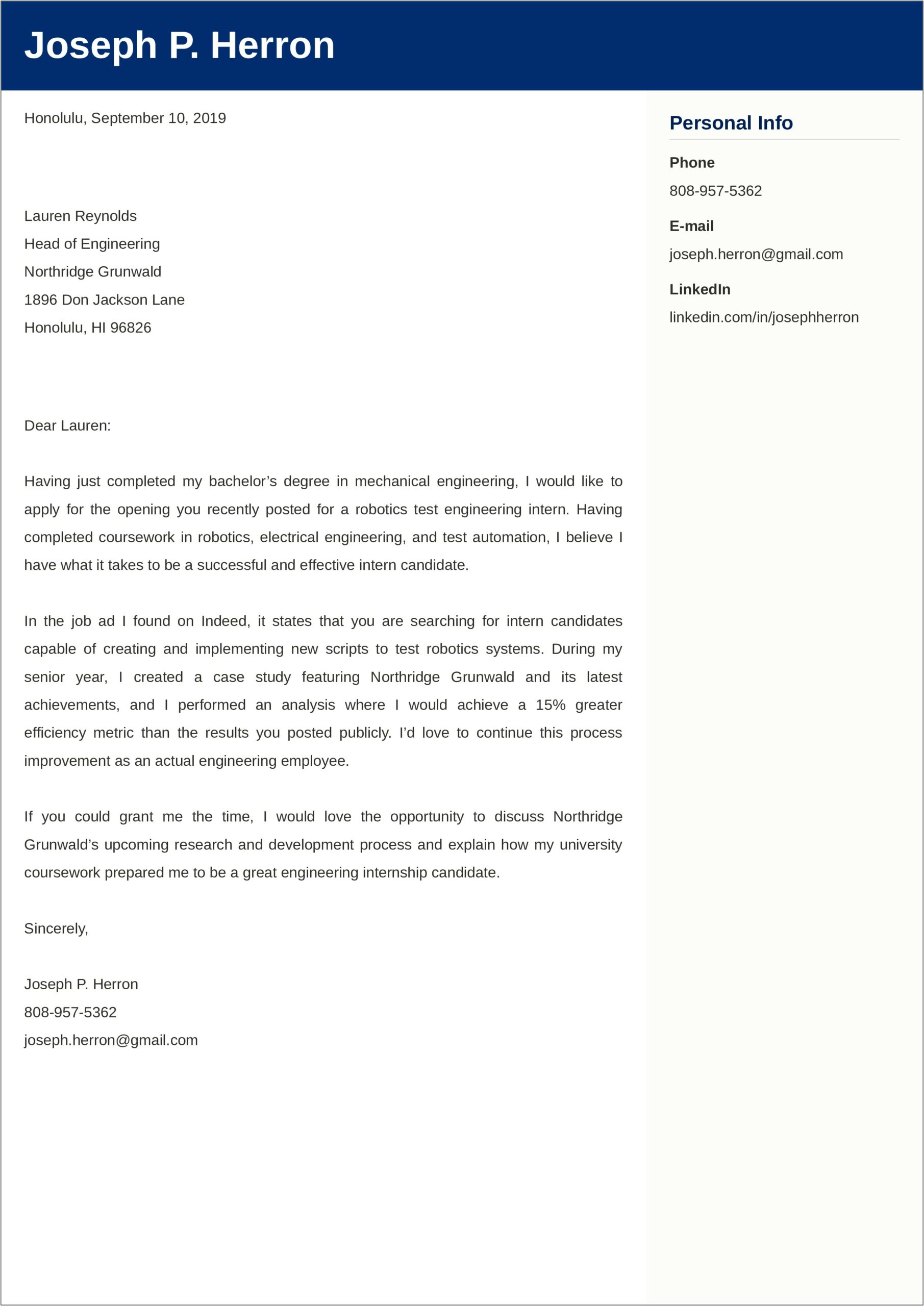 Resume Cover Letter Examples Engineering