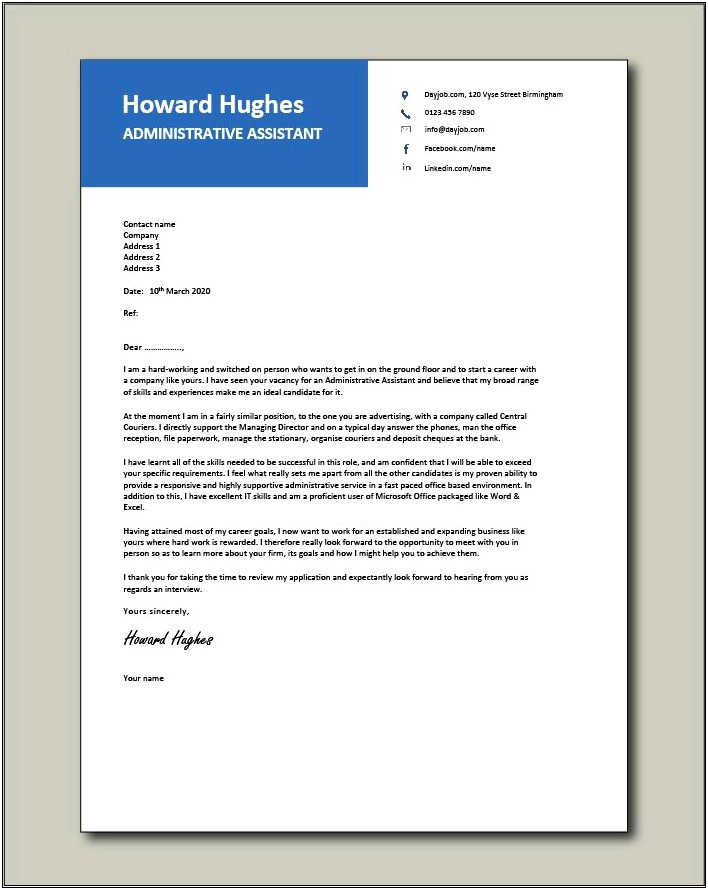 Resume Cover Letter Examples For Administrative Assistants