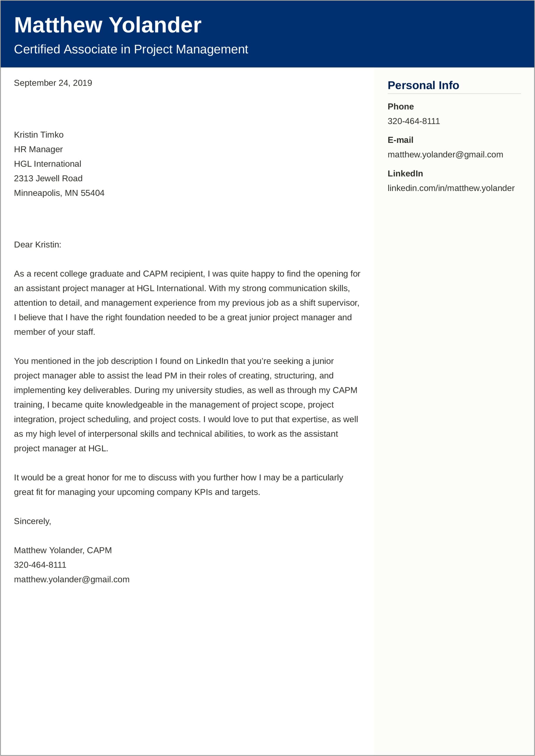 Resume Cover Letter Examples Management