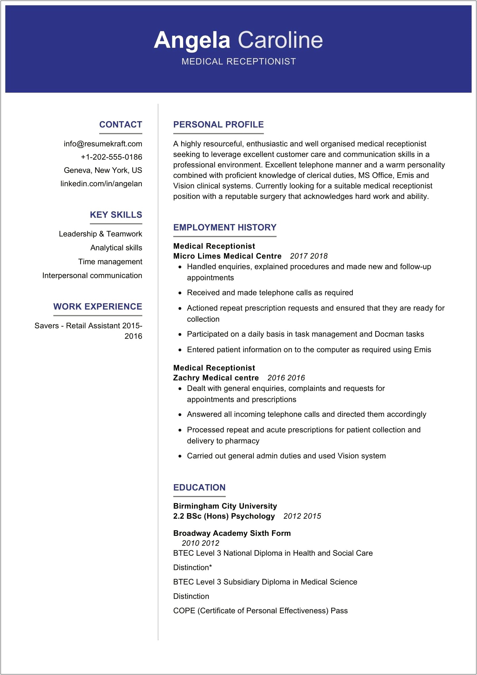 Resume Cover Letter Examples Medical Receptionist