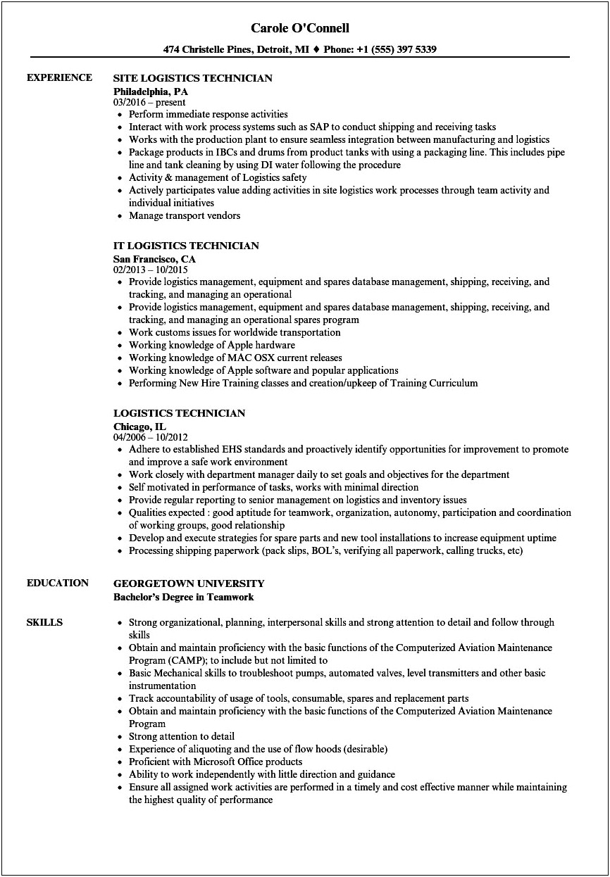 Resume Cover Letter For A Logistics Technician Position