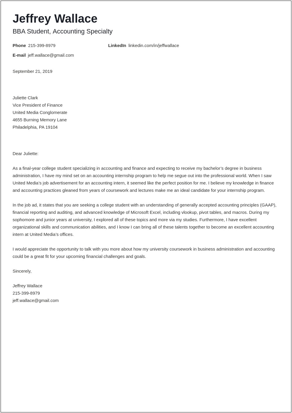 Resume Cover Letter For Accounting Internship
