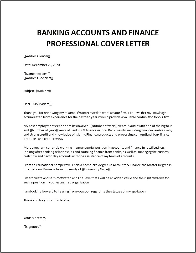 Resume Cover Letter For Banking Position