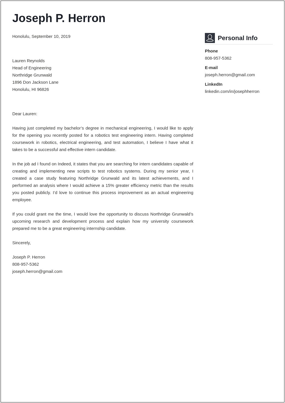 Resume Cover Letter For Engineering Job