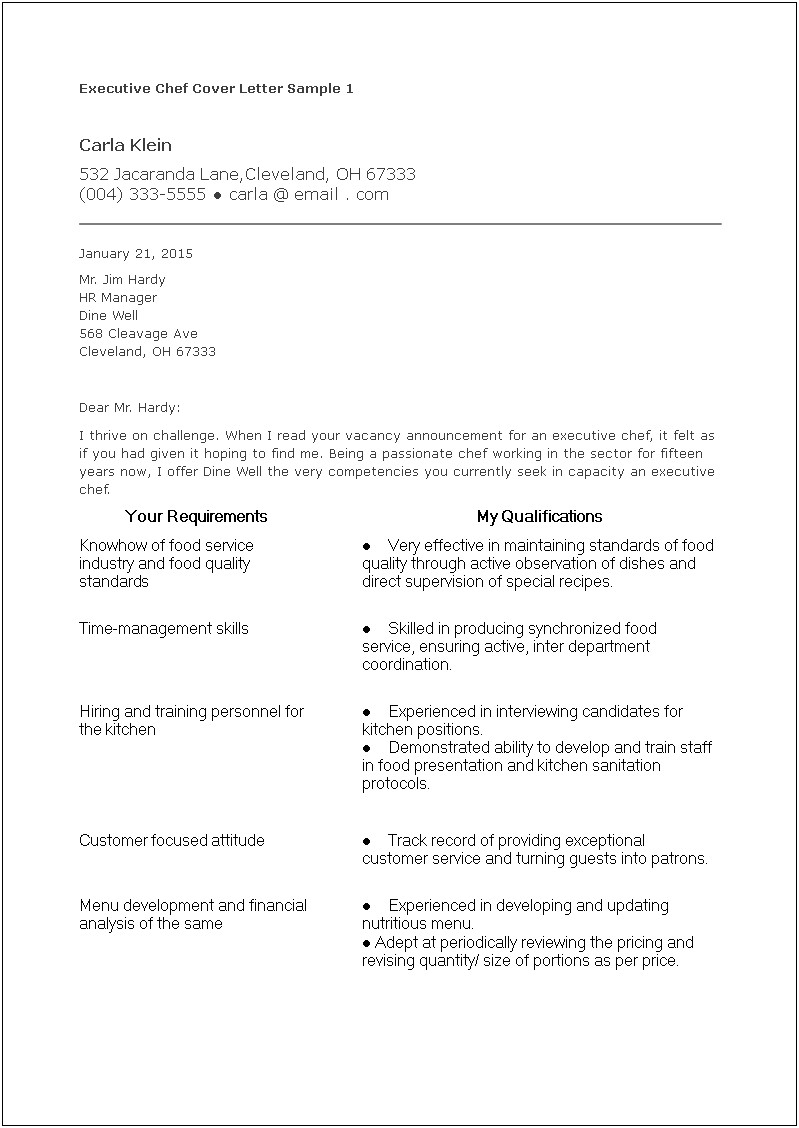 Resume Cover Letter For Executive Position
