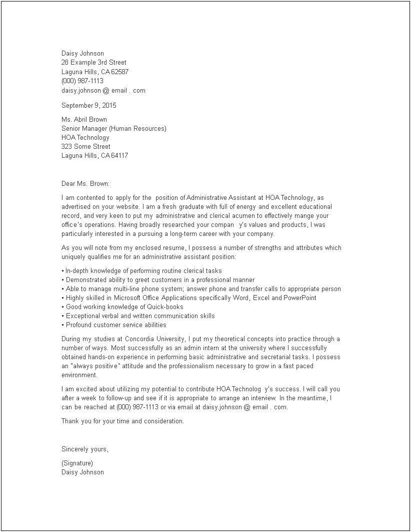 Resume Cover Letter For Human Resource Assistant